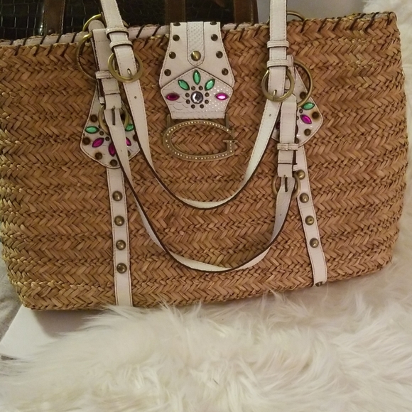 Guess Straw & Studded Leather Jeweled Beach Bag - Picture 6 of 8
